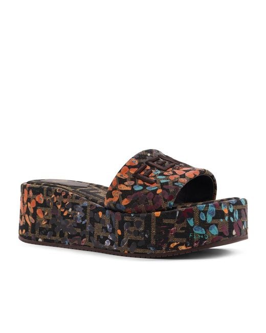 Fendi Brown Logo Embroidered Printed Platform Sandals
