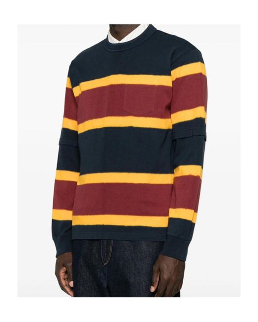 Sacai Blue Striped-Knit Layered-Sleeve Sweater for men