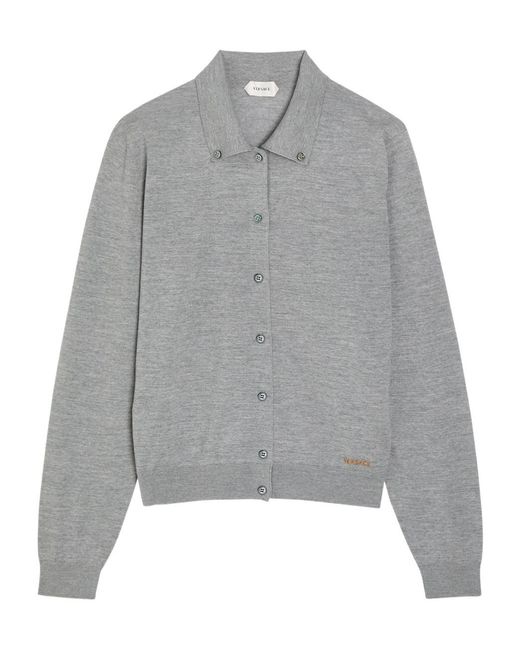 Versace Gray Logo-Embroidered Wool Cardigan