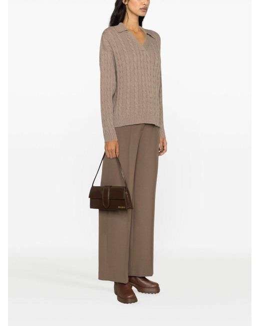 Peserico Brown V-Neck Cable-Knitted Polo Jumper