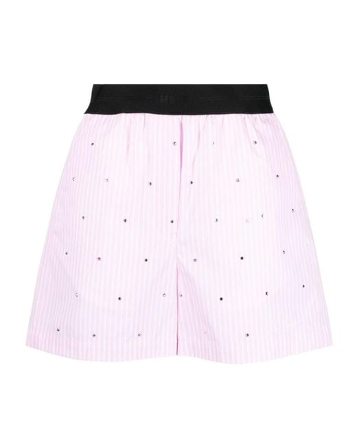 MSGM Pink Rhinestone-Embellished Striped Shorts