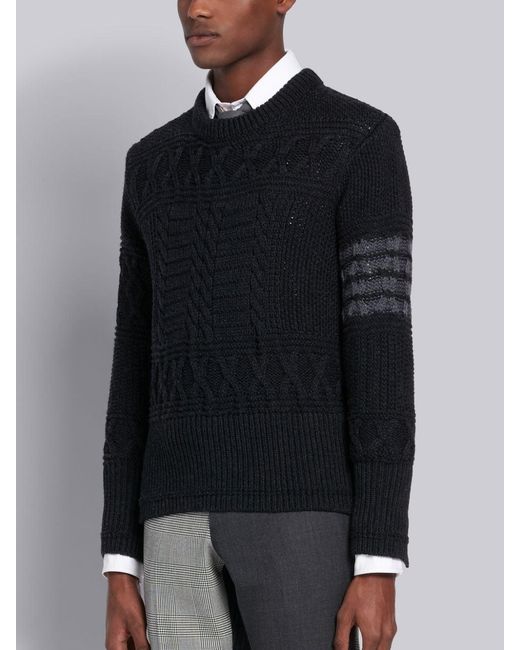 Thom Browne Black Aran Cable Tonal 4-Bar Jumper for men