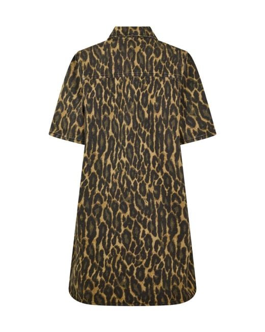 Ganni Green Leopard Print Denim Dress