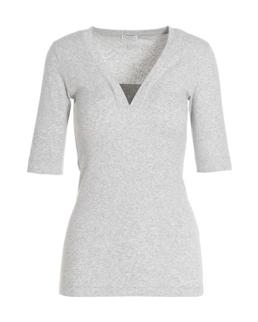 Brunello Cucinelli Gray Front Insert Detailed Slim Fit Top