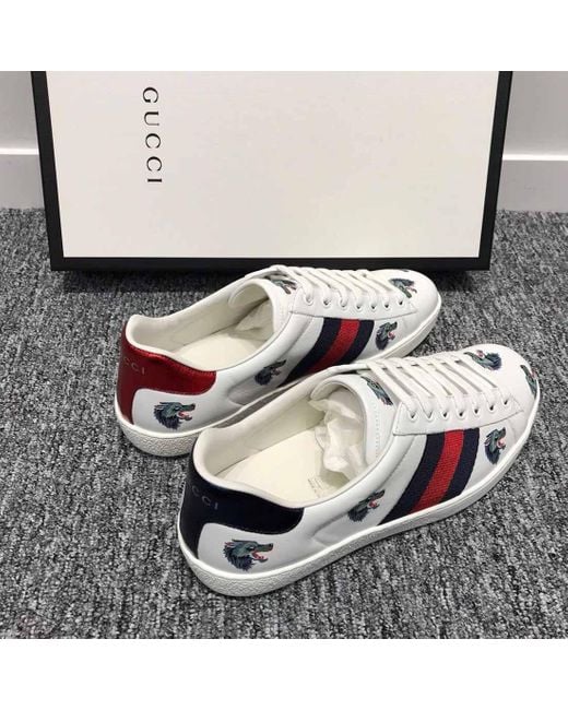 Gucci White Ace Wolf Printed Skate Shoes for men