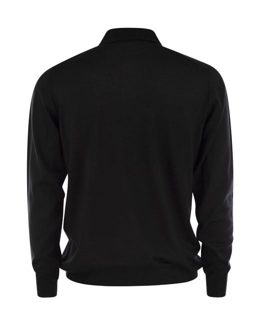 Fedeli Black Virgin Wool Long-Sleeve Polo Shirt for men
