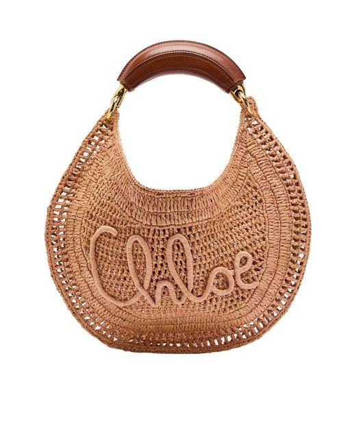 Chloé Brown Summer Banana Logo Raffia Shoulder Bag