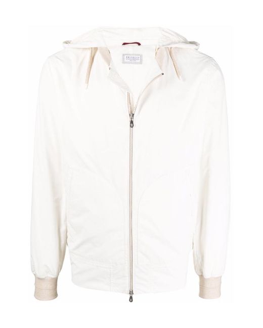 Brunello Cucinelli White Zip-Up Hooded Jacket for men
