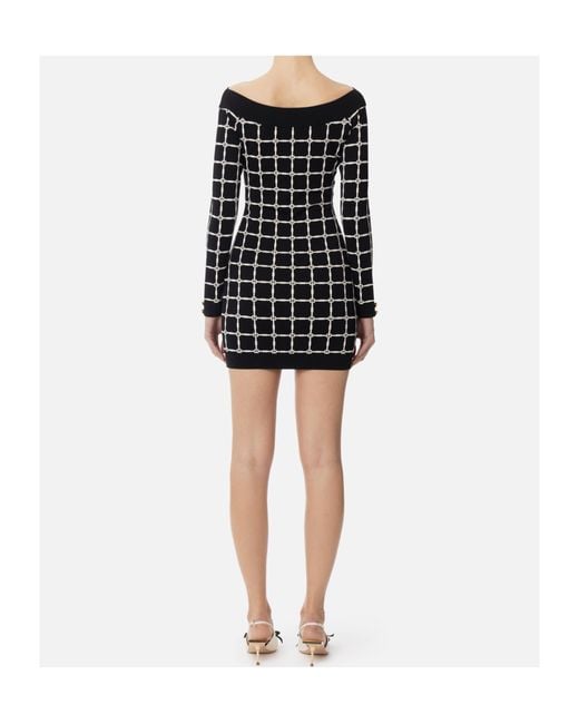 Elisabetta Franchi Blue Boat Neckline Logo Jacquard Dress
