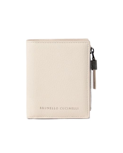 Brunello Cucinelli Natural Grained Calfskin Compact Wallet With Shiny Zipper Pull