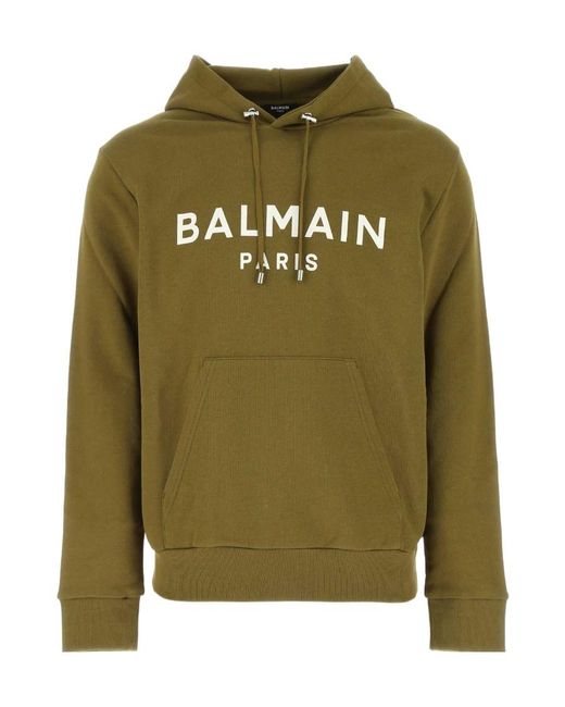 Balmain Green Logo Printed Drawstring Hoodie for men