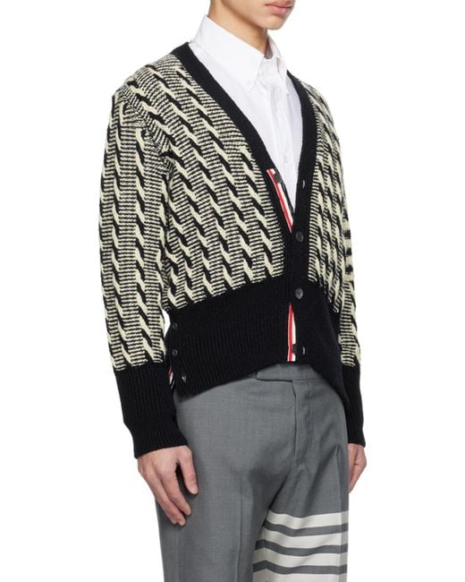 Thom Browne Black Twist V-Neck Cable-Knit Cardigan for men