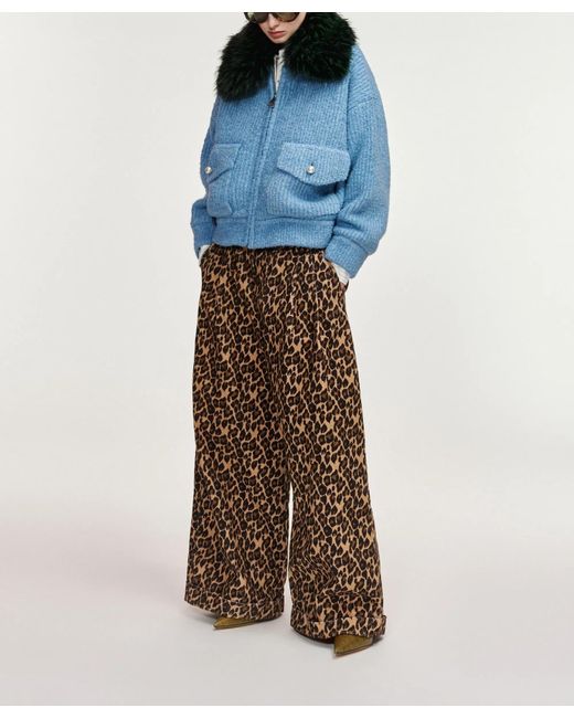 Essentiel Antwerp Blue Faux-Fur Collar Ribbed-Knit Jacket