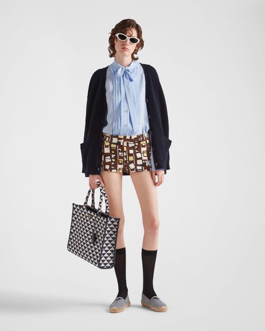 Prada Blue Jacquard Crepe De Chine Blouse