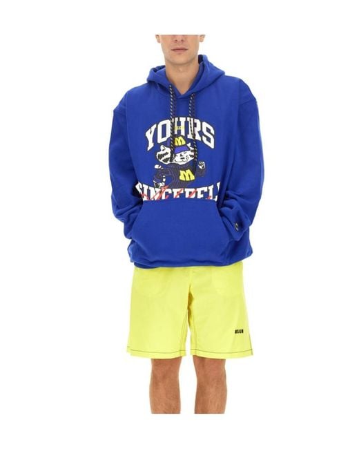 MSGM Blue Graphic Printed Drawstring Hoodie for men
