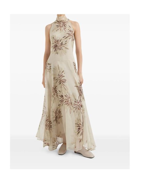 Brunello Cucinelli Natural Silk Halterneck Floral Maxi Dress