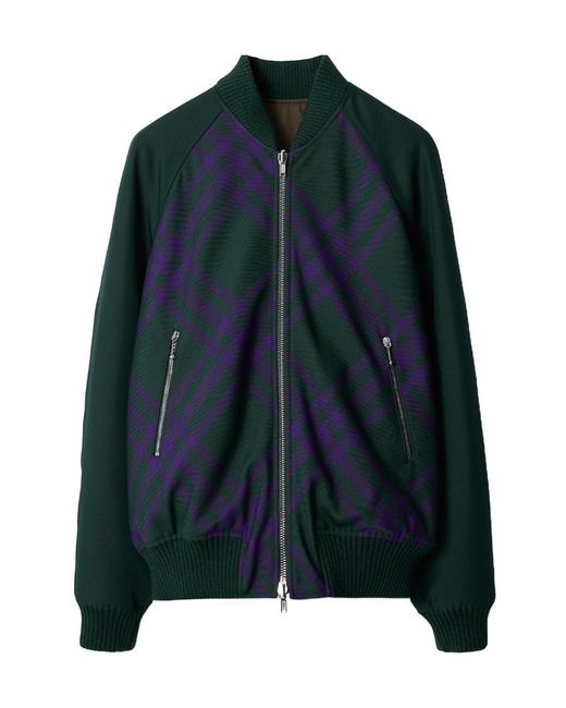 Burberry Green Checked Zipped Reversible Bomber Jacket for men