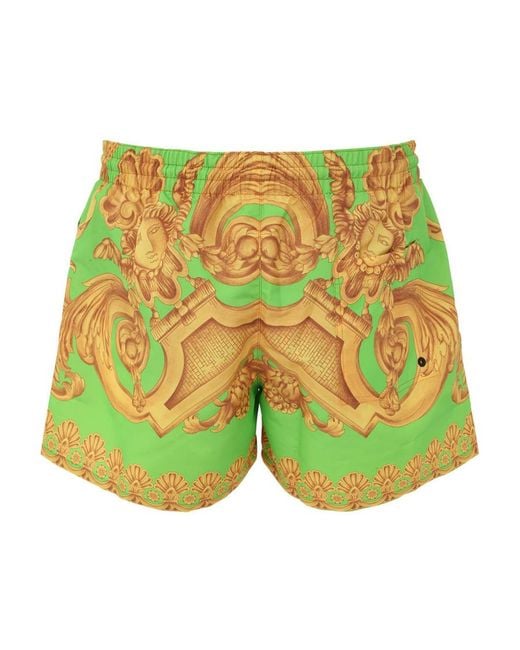 Versace Green Baroque-Print Swim Shorts for men