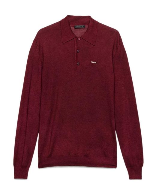 Prada Red Wool And Silk Polo Sweater for men