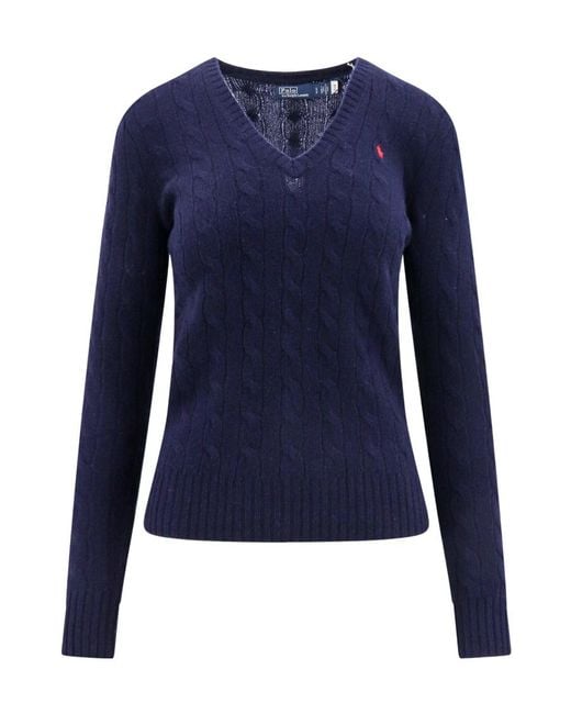 Polo Ralph Lauren Blue Cable-Knit V-Neck Jumper