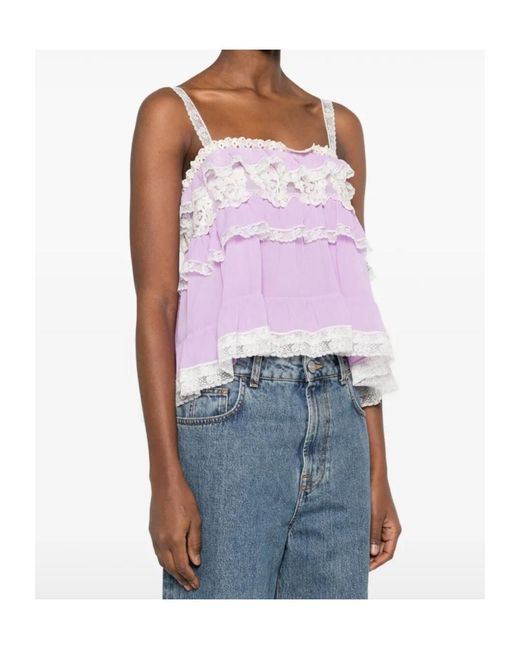 Alberta Ferretti Purple Ruffled Lace Top