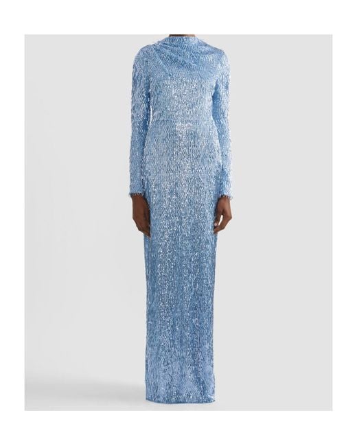 Erdem Blue Sequin Long-Sleeve Maxi Gown