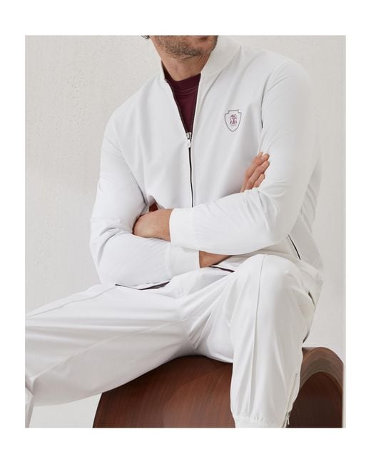 Brunello Cucinelli White Logo Printed Zipped Sweatshirt for men