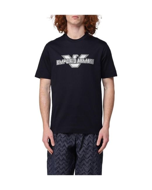 Emporio Armani Blue Embroidered-Logo Cotton T-Shirt for men