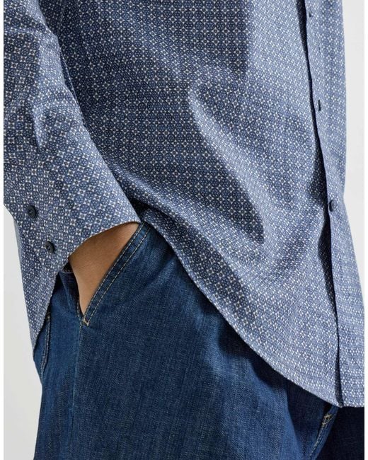 Brunello Cucinelli Blue Flower-Print Button-Down Collar Shirt for men
