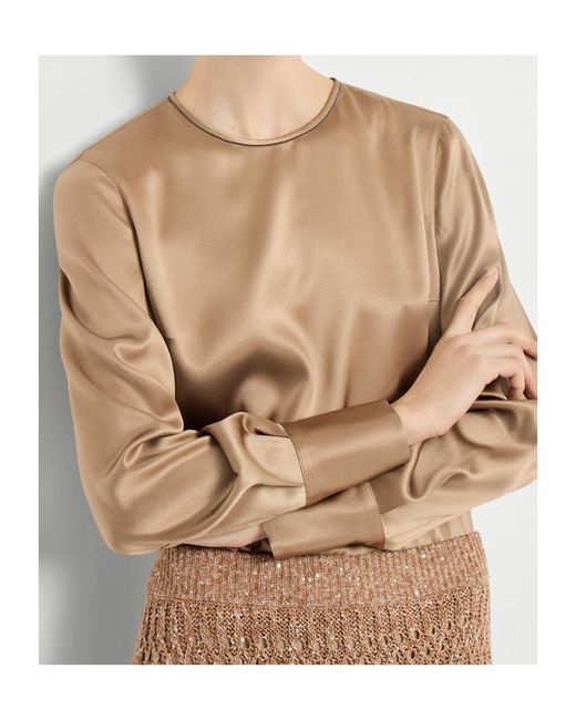 Brunello Cucinelli Natural Monili-Detail Long-Sleeve Blouse