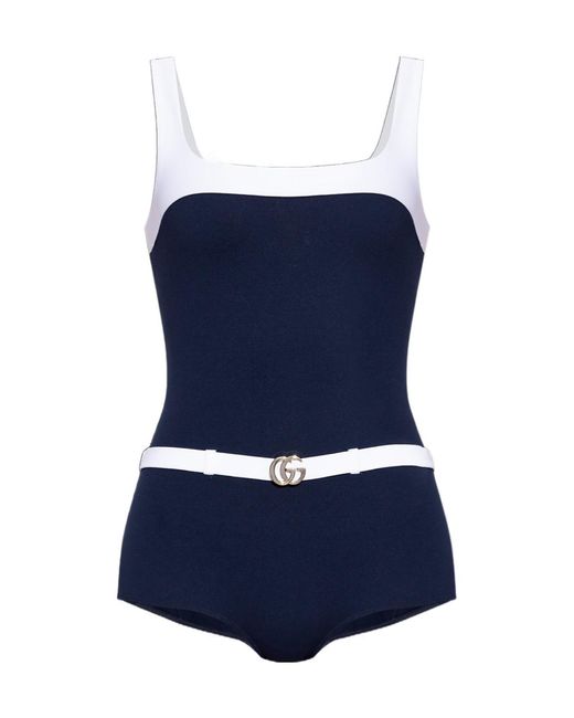 Gucci Blue Gg Plaque One Piece Swimsuit