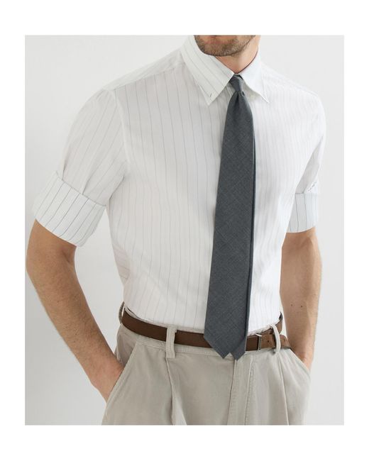 Brunello Cucinelli White Cotton Textured Striped Chevron Shirt With Button-Down Collar for men