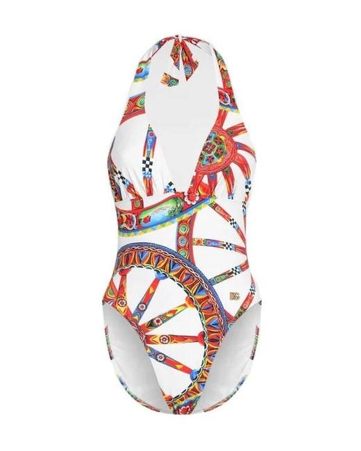 Dolce & Gabbana White Carretto-Print One-Piece Swimsuit