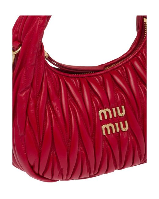 Miu Miu Red Wander Matelassé Logo Plaque Mini Hobo Bag