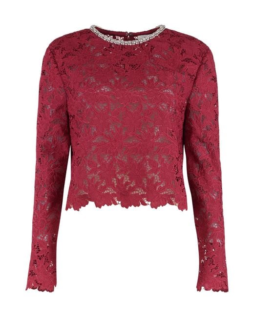Self-Portrait Red Embellished-Neck Lace Top