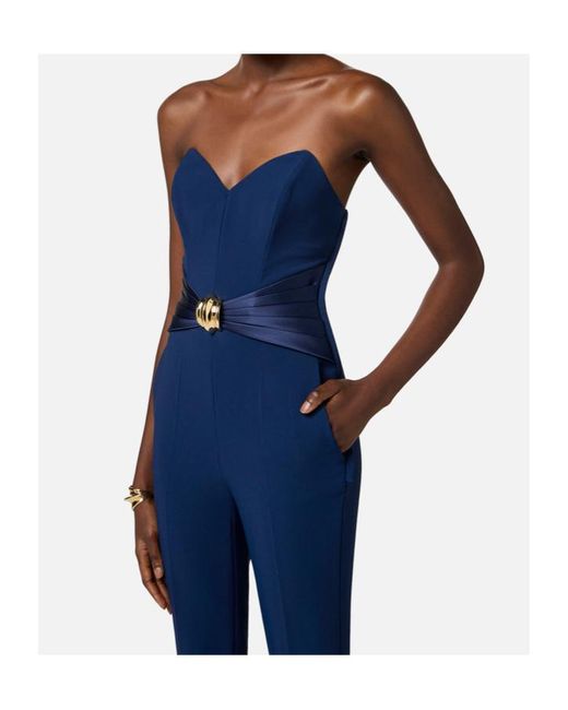 Elisabetta Franchi Blue Flowing Macro Bow Crepe Jumpsuit