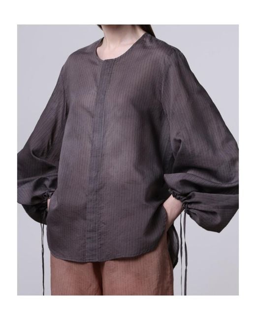 Roberto Collina Purple Pinstripe-Pattern Puff-Sleeve Cotton Blouse