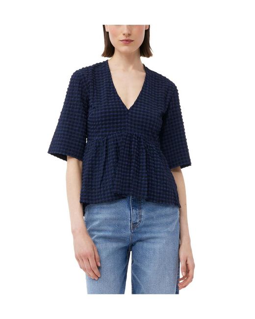 Ganni Blue Checkered Seersucker V-Neck Peplum Blouse