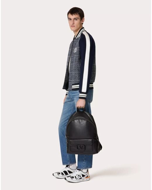 Valentino Blue Logo Embroidered Zip-Up Tweed Jacket for men