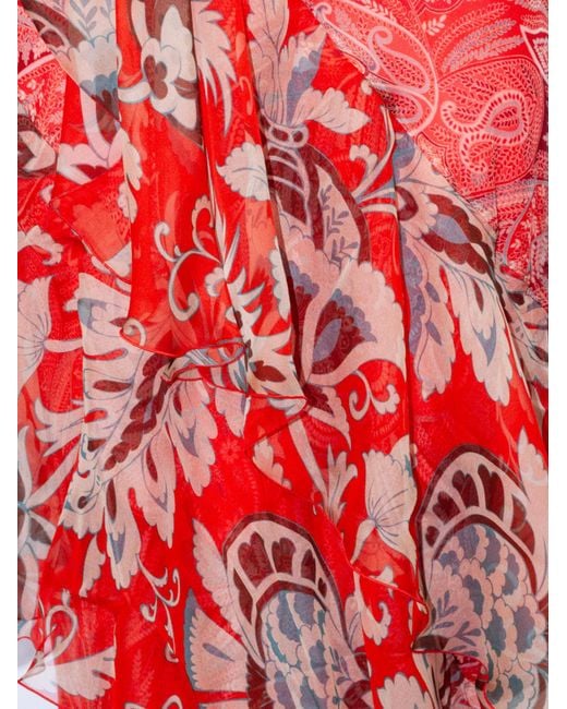 Etro Red Draped Asymmetric Ruffled Dress