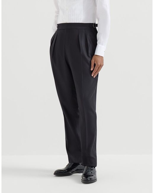 Brunello Cucinelli Blue Virgin Wool And Silk Lightweight Twill Tuxedo Trousers With Double Pleats And Waist Tabs for men