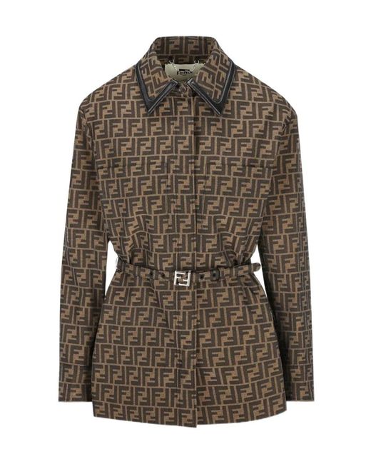Fendi Green Ff Jacquard Belted Waist Jacket