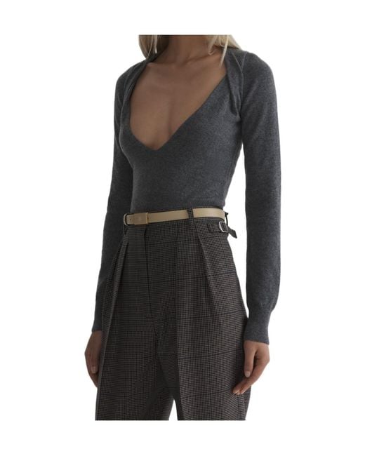 Mugler Black Cashmere V-Neck Knit Top