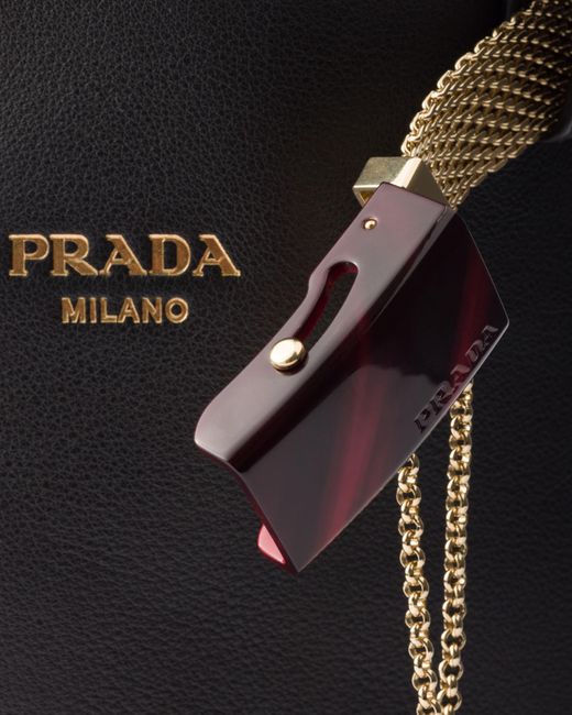 Prada Black Buckle Leather Bucket Bag With Jeweled Belt