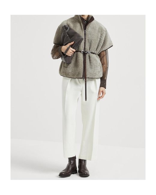 Brunello Cucinelli Gray Monili Chain-Detail Shearling Jacket