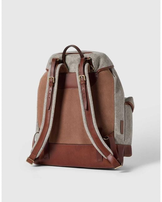 Brunello Cucinelli Brown Virgin Wool, Alpaca And Cashmere Flannel Field Backpack With Grained Calfskin Inserts for men