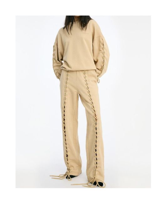 ROTATE BIRGER CHRISTENSEN Natural Lace-Up Sleeve Logo Embroidered Sweatshirt