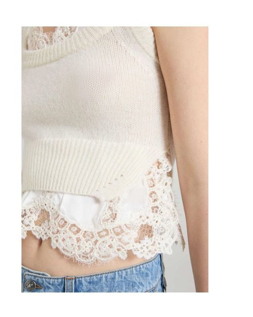Ermanno Scervino White Layer-Effect Cashmere Top With Lace Details