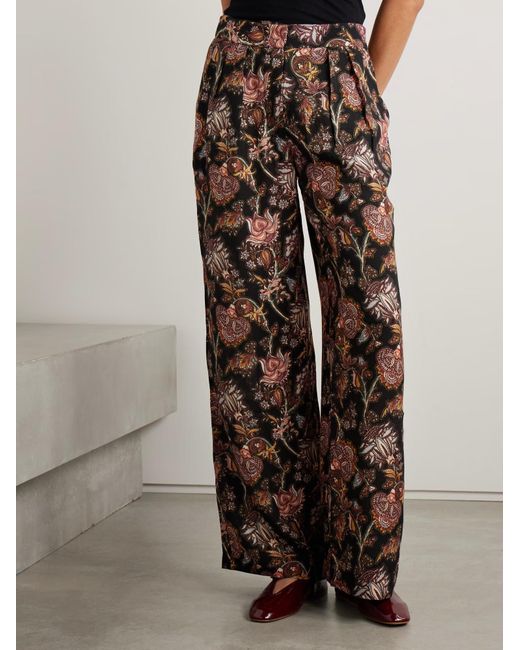 Ulla Johnson Brown Valencia Pleated Printed Wool-Blend Twill Wide-Leg Pants