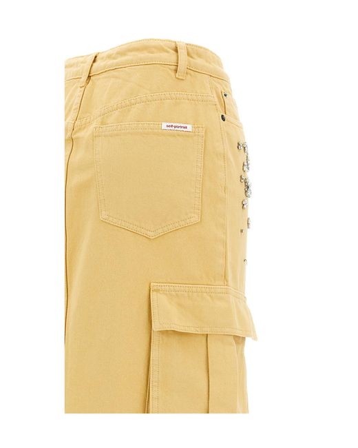 Self-Portrait Yellow Embellished Denim Cargo Maxi Skirt